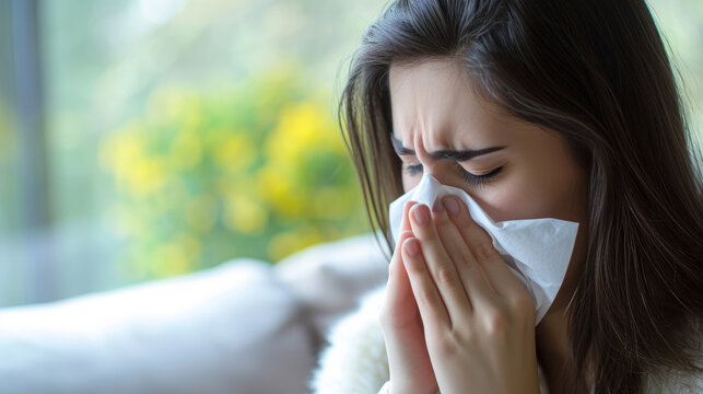 A sick woman blows her nose into a white napkin.