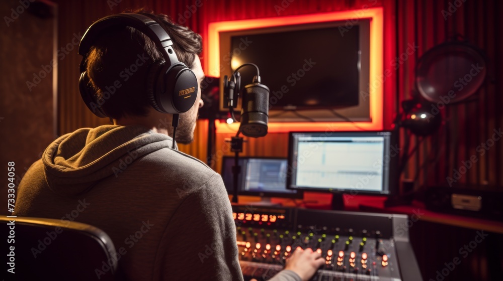 Aufkleber music producer working on audio mixing console in recording studio, focused on sound engineering.