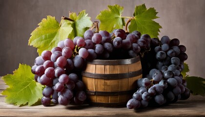 A barrel of grapes with green leaves