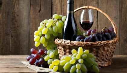 A basket of grapes and a bottle of wine on a wooden table