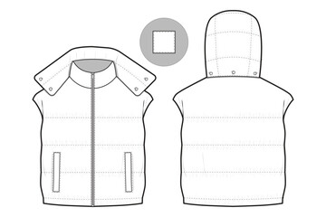 hooded puffer jacket vest flat technical drawing illustration mock-up template for design and tech packs men or unisex fashion CAD streetwear women workwear utility © Jack