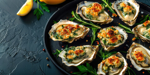 Classic Oysters Rockefeller. Baked oysters Rockefeller topped with herbed butter crust and greens sauce, copy space.