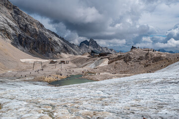 Hikers on the glacier of Zugspitze. Germany.