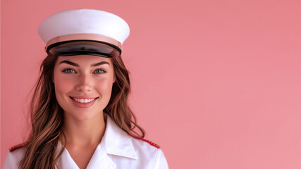 Fototapeta premium Brunette woman in cruise ship staff uniform isolated on pastel background