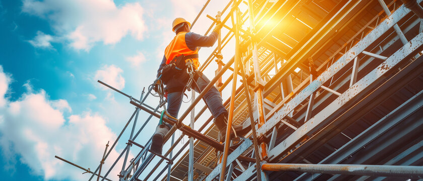a worker in safety gear working on a large metal structure at height