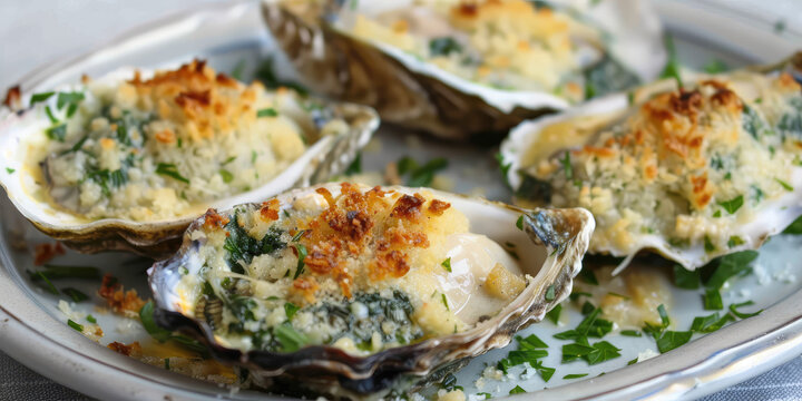 Classic Oysters Rockefeller. Baked oysters Rockefeller topped with herbed butter crust and greens sauce.