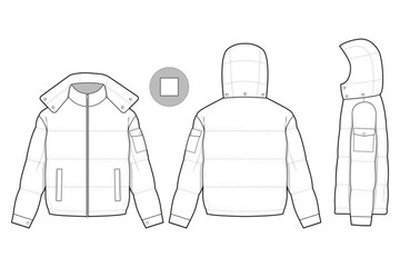 hooded puffer jacket collared flat technical drawing illustration mock-up template for design and tech packs men or unisex fashion CAD streetwear women workwear utility © Jack