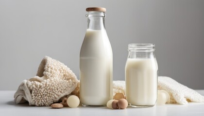 Two bottles of milk with a towel and a jar of nuts