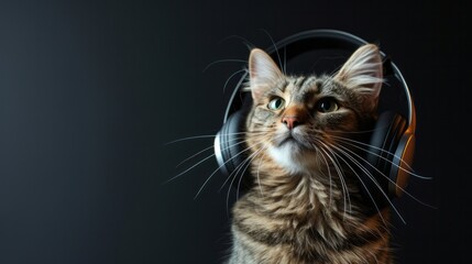 Cute cat wearing big headphones listens to music, sound therapy concept for animals with copyspace