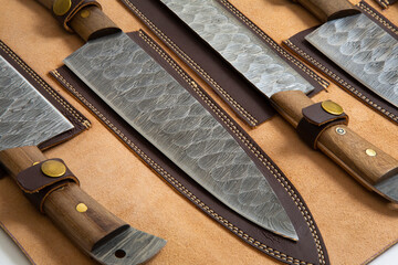  vintage chef damascus steel knife over white, clipping path
