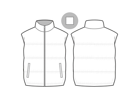 puffer vest jacket collared flat technical drawing illustration mock-up template for design and tech packs men or unisex fashion CAD streetwear women workwear utility