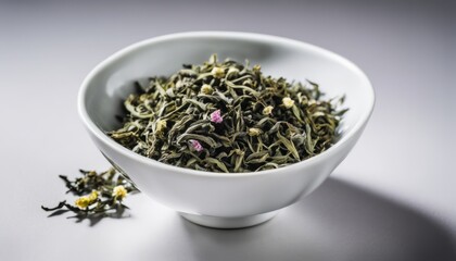 Fototapeta premium A white bowl filled with green tea leaves and flowers