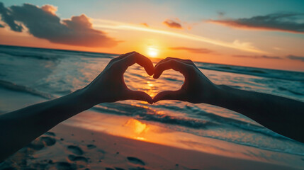 Couple hands making heart symbol on sunset beach background, love and compassion concept. - obrazy, fototapety, plakaty