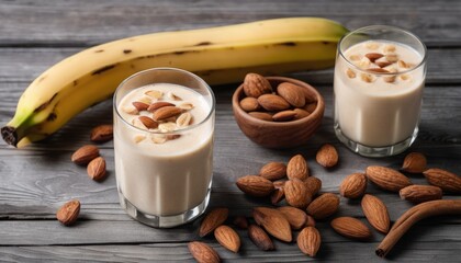 A glass of almond milk with almonds and a banana