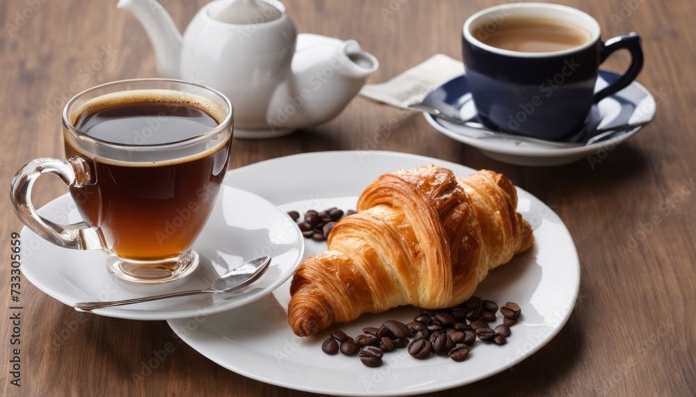 Sticker A croissant, coffee, and tea on a table