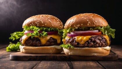 Two hamburgers with lettuce and tomato on a wooden table