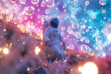 Astronaut standing on a mysterious planet, surrounded by a galaxy of colorful bubbles.