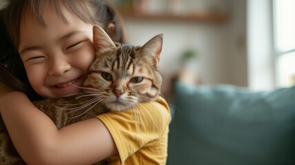Little happy asian girl tenderly hugs her cat tightly in a bright spacious living room. Friendship concept between humans and animals