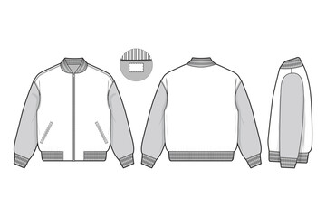 Zip varsity letterman jacket flat technical drawing illustration mock-up template for design and tech packs men or unisex fashion CAD streetwear women workwear utility