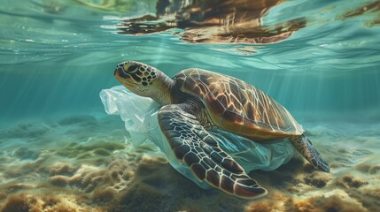 Plastic pollution in ocean, Environmental problem. Turtles eat plastic bags mistaking them for jellyfish, generative ai