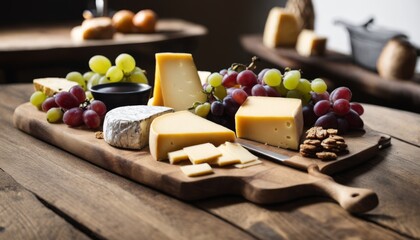 A wooden tray with cheese, grapes, and crackers