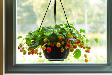 Strawberry plant in a hanging pot by a window