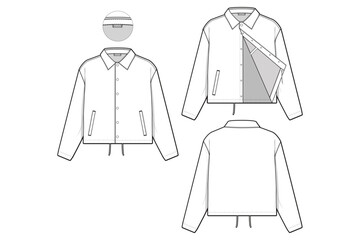 cropped coaches snap button windbreaker jacket collared flat technical drawing illustration mock-up template for design and tech packs men or unisex fashion CAD streetwear women workwear utility © Jack