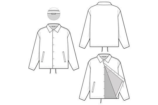 coaches windbreaker jacket collared flat technical drawing illustration mock-up template for design and tech packs men or unisex fashion CAD streetwear women workwear utility