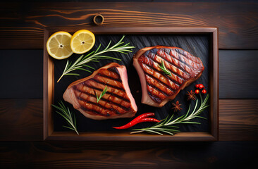 Juicy appetizing steak, grilled, Steak on a black plate with vegetables and potatoes, with herbs.