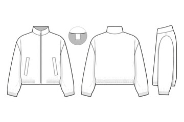 cropped zip windbreaker jacket flat technical drawing illustration mock-up template for design and tech packs men or unisex fashion CAD streetwear women workwear utility