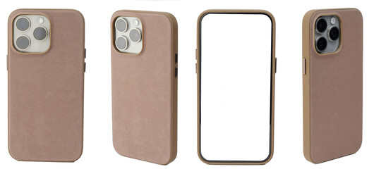 Smartphone in brown cover case
