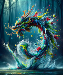 The image depicts a vibrant and dynamic water dragon made of splashing water and vivid colors, giving the impression of movement and life.Digital art concept. AI generated.