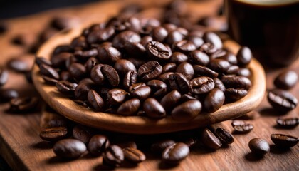 A wooden tray with a bowl of coffee beans and a cup of coffee - obrazy, fototapety, plakaty