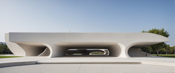 Empty abstract architecture building in minimal concrete design with open space floor courtyard white podium and curved walls museum plaza as wide display showroom mockup environment background - obrazy, fototapety, plakaty