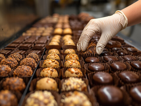 artisanal Chocolate on booth. Chocolate shop showcase