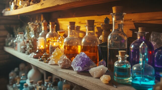 Interior of occult magic magazine and shelf with various potions, bottles, poisons, crystals, salt. Alchemical medicine concept	
