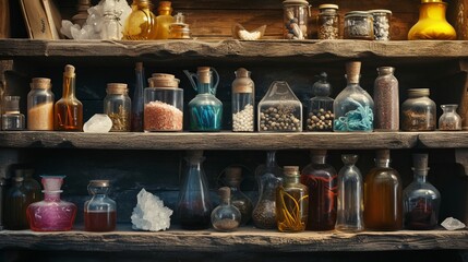 Illustration of occult magic magazine and shelf with various potions, bottles, poisons, crystals, salt. Alchemical medicine concept	
