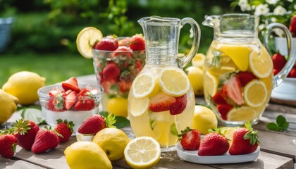 Obraz premium A table with strawberries and lemon slices, and pitchers of lemonade