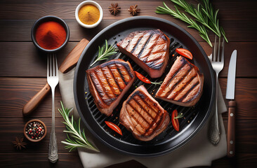 Juicy appetizing steak, grilled, Steak on a black plate with vegetables and potatoes, with herbs.