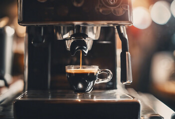 Espresso pouring from coffee machine at cafe or restaurant - obrazy, fototapety, plakaty