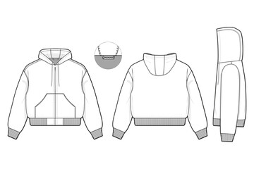 cropped hooded work jacket flat technical drawing illustration mock-up template for design and tech packs men or unisex fashion CAD streetwear women workwear utility