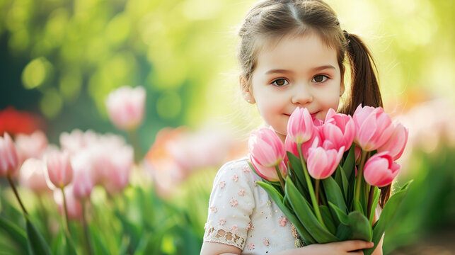 A cute girl with bright eyes smiles tenderly, holding bouquet of pink tulips in her hands, surrounded by a lush garden. Congratulations on March 8, Mother's Day
