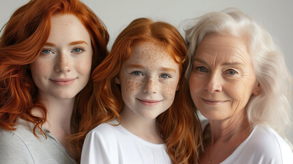 Three generations of red-haired women, mother, grandmother and child in the center. Family portrait in the studio