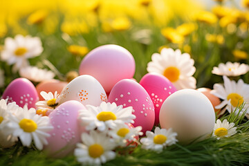 Fototapeta na wymiar Spring flowers, Happy Easter background. Colorful Easter eggs