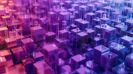 Digital storage, with clusters of binary code and holographic data cubes. A futuristic representation of data storage solutions, blending shades of purple and cyan.
