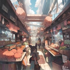 Tranquil Anime-Style Marketplace Scene with Charming Character