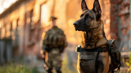 k-9 young german shepherd dog on duty stand beside trainer - AI Generated - obrazy, fototapety, plakaty