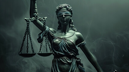 Obraz premium Closeup of a sculpture of Themis, mythological the Statue of Justice on smokey and dark background - AI Generated