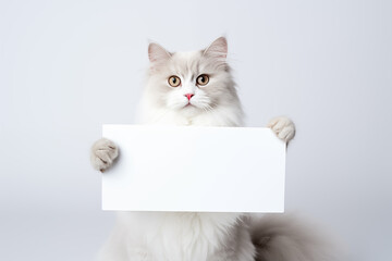 Cat holding white sign  on white background. Pets. Zoo service. Veterinary clinic