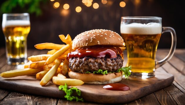 A delicious hamburger with a side of fries and a glass of beer